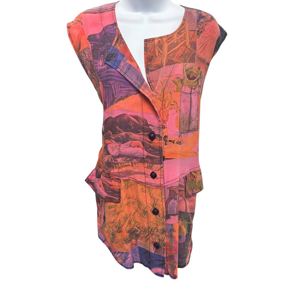 URU 100% Silk Art Print Tank Top Pink Orange Large Landscape Asymmetrical USA